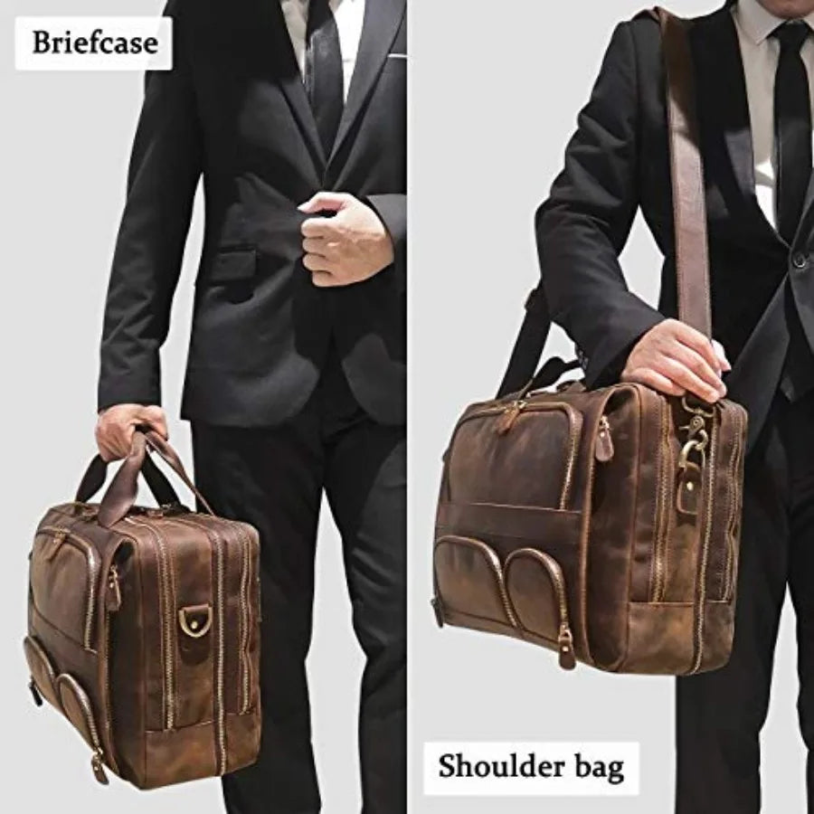 Augus Business Travel Briefcase Genuine Leather Duffel Bags for Men Laptop Bag fits 15.6 inches Laptop Black Premium Quality Du