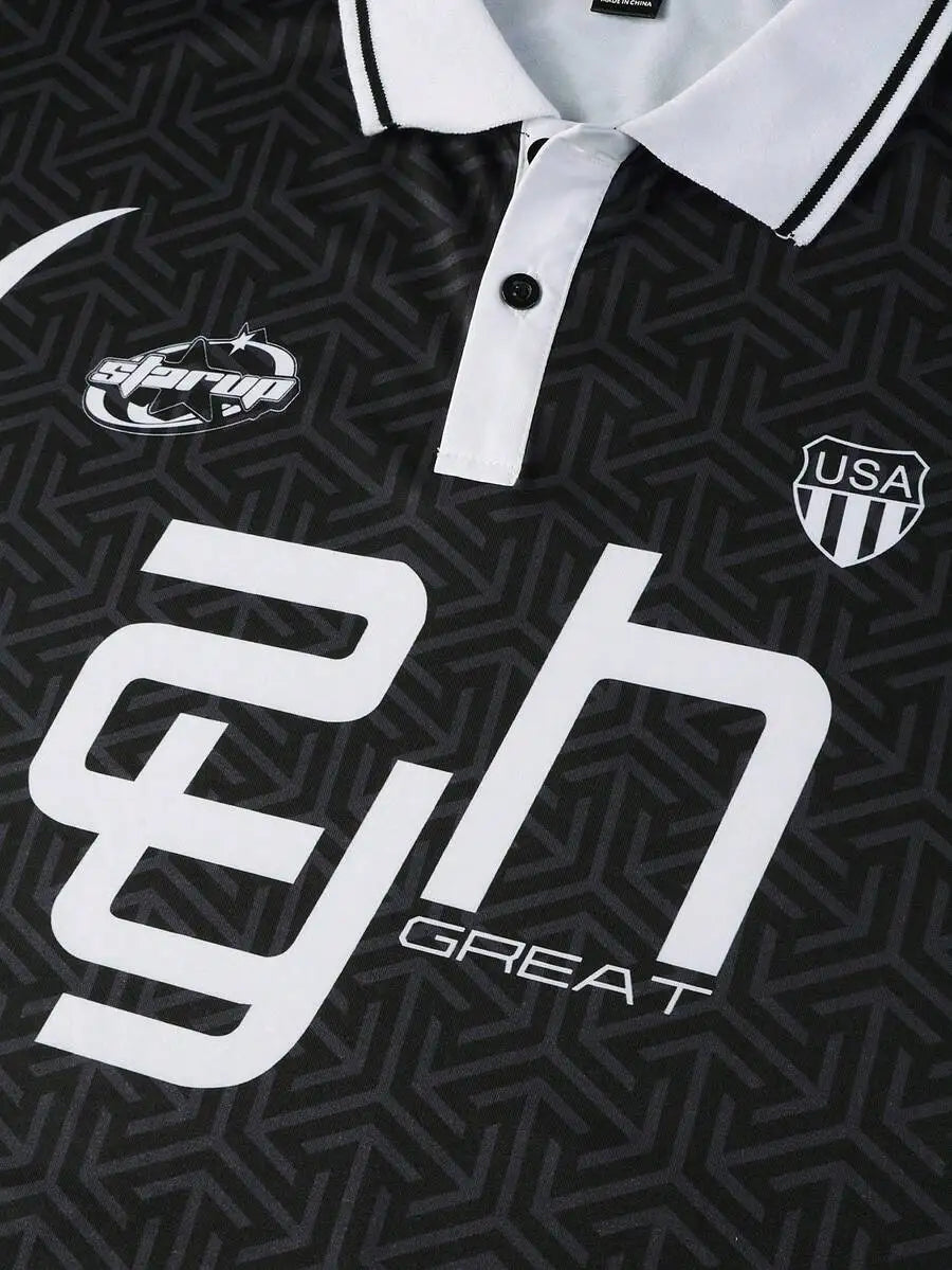 Men's Black White Graphic Print Polo Shirt, Loose Fit Y2K Streetwear Style