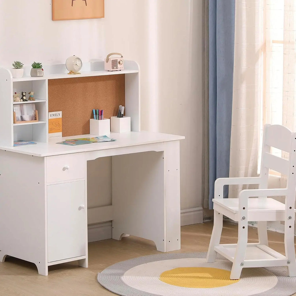 Kids Desk, Study Desk and Chair Set for Boys and Girl, Wooden Kids Writing Table with Bookshelf, Bulletin Board, Cabinet and Dra