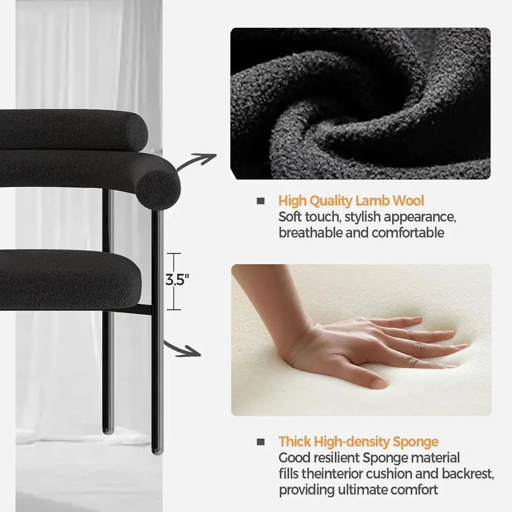 Set of 4 Modern Black Boucle Dining Chairs with Arms, Barrel Design, Metal Legs, and Curved Backrests for Kitchen and Dining Roo