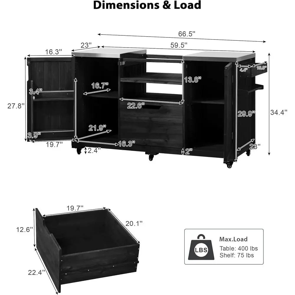 66.5 Stainless Steel Top Wood Outdoor Kitchen Island with Rolling Cart, Storage, Spice & Towel Racks