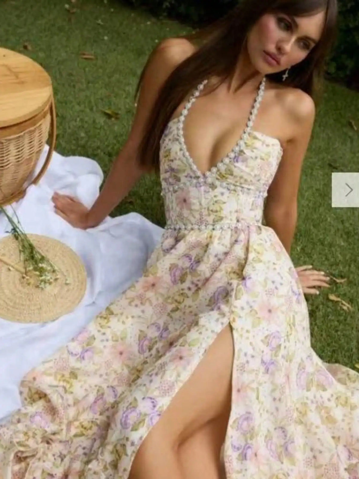 Floral Print Maxi Dress With Halter Neck, Ruffled Hem, High Leg Slit, Fitted Waist, Boho Chic Style