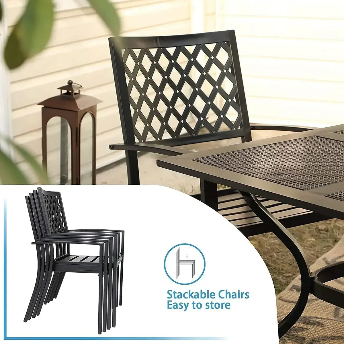 XMSJ*XMSJ.Patio Dining Set 6 Piece with 4 Metal Outdoor Stackable Chairs, 1 Square Metal Table and 10ft 3 Tier Umbrella(Navy Blu