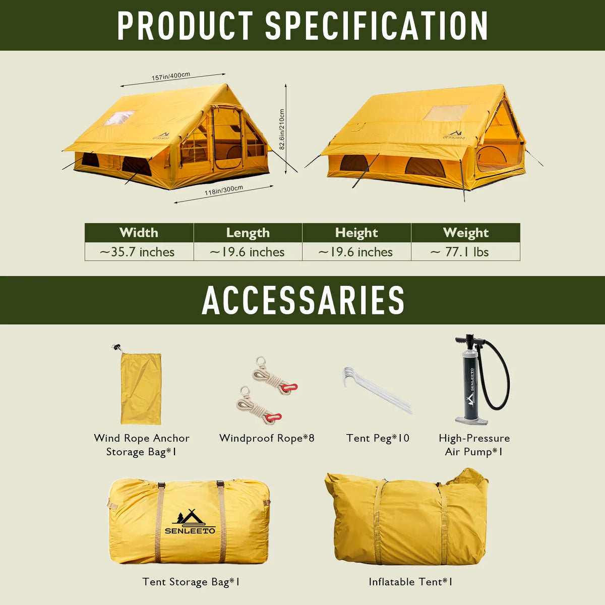 129 Square Feet Inflatable Camping Tent 6-8 Person,Waterproof Oxford Inflatable Tent House with Hand Pump for All Season