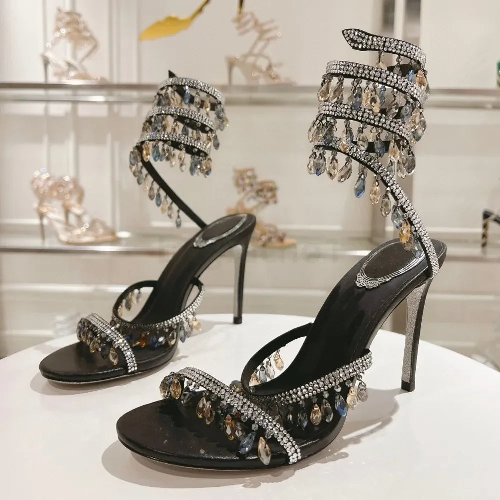 95mm Ankle strap Wraparound women high heeled sandal rhinestone flower Evening shoes Large size 34-43 Bring box heels