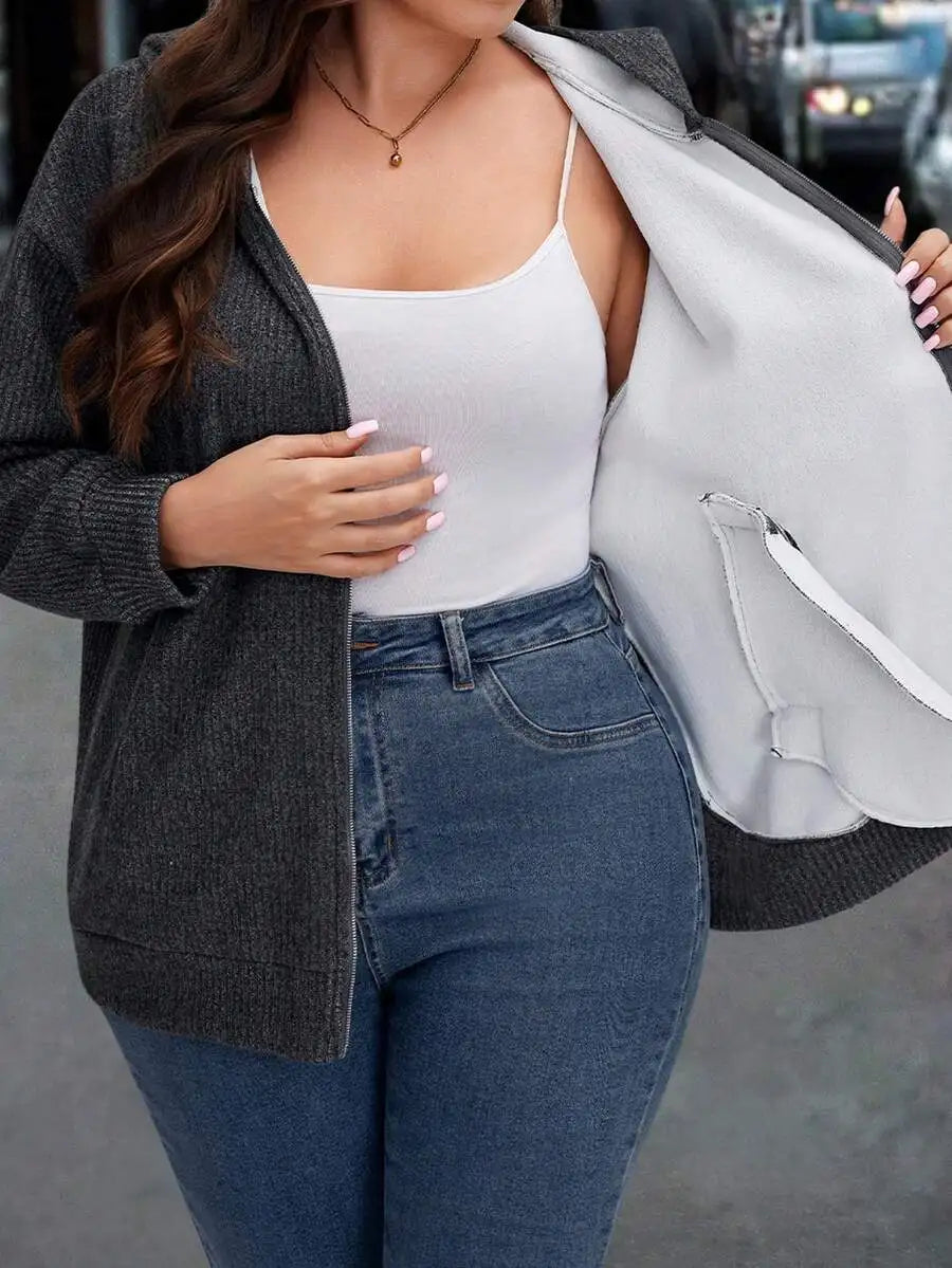 Gray Ribbed Drop Shoulder Zip-Up Hoodie with Drawstring for Spring Fall Casual Wear