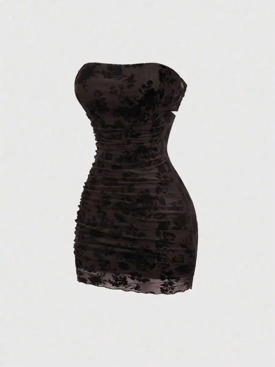 Black Velvet Floral Print Strapless Ruched Mini Dress for Women
