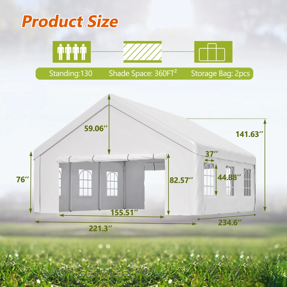 Spacious 20x20 FT Party Tent Removable Sidewalls 2 Storage Bags Waterproof UV Resistant PE Fabric Outdoor Canopy for Wedding BBQ