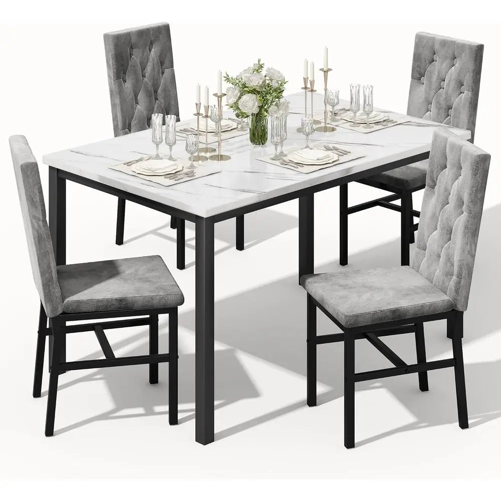 4-Piece Marble Top Dining Set with Elegant Button-Tufted Chairs