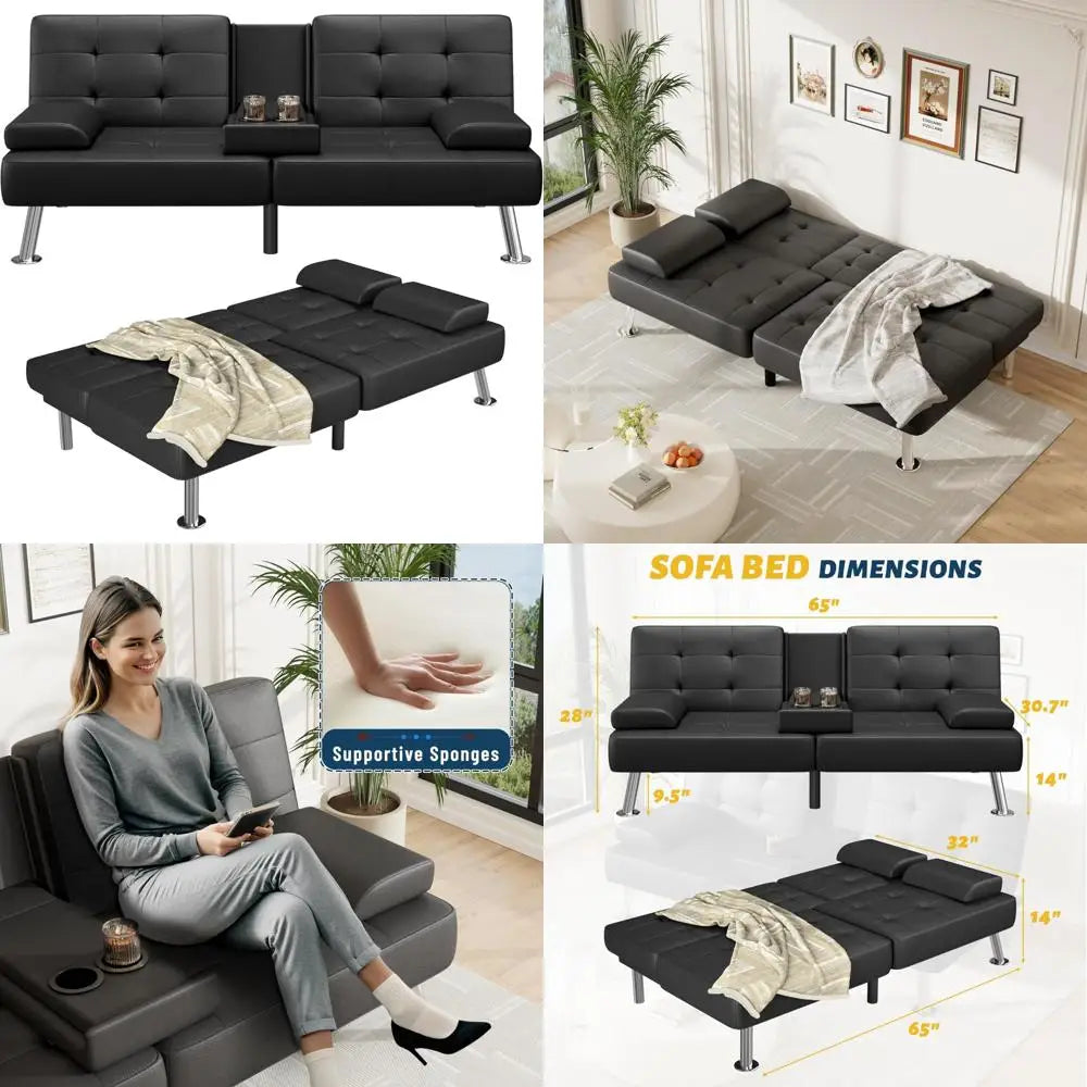 Adjustable Futon Couch Sleeper Sofa Bed with Cup Holders for Living Rooms and Offices, Ideal for Business Spaces and Comfortable