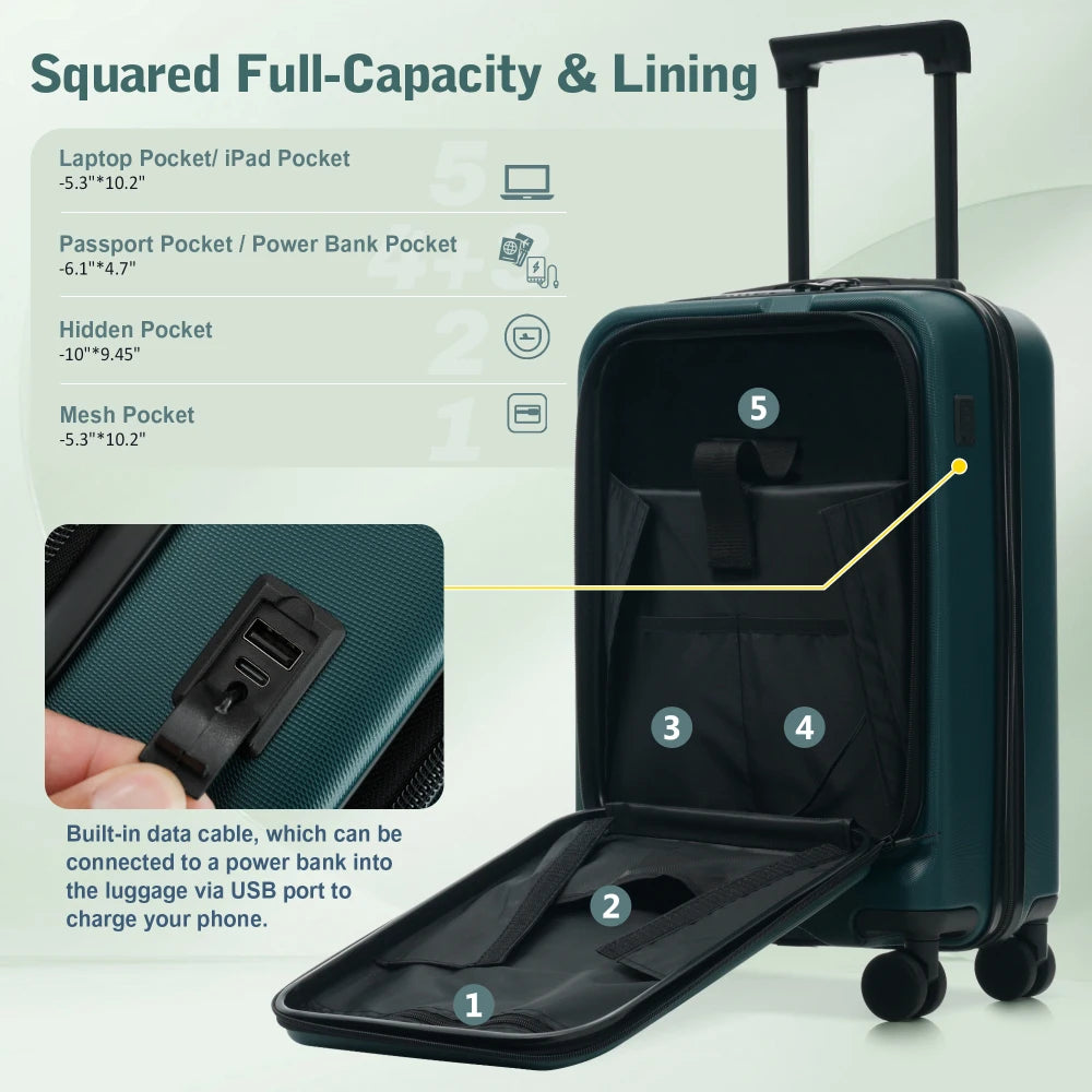 5Pcs Front Opening Hardside Expandable Luggage Set Double Spinner Wheels USB Port TSA Lock 20/24/28"