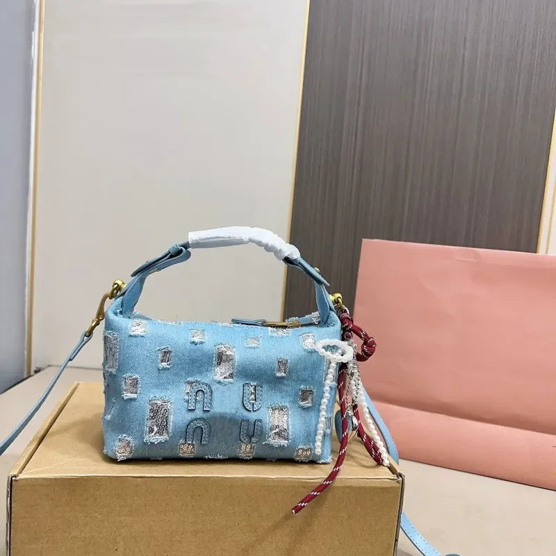 Miue Miue Bag Designer Handbag Luxury Shoulder Bags Cowboy Denim Purse Sheepskin Folds Crossbody Bag Washed Through Surfing Rope