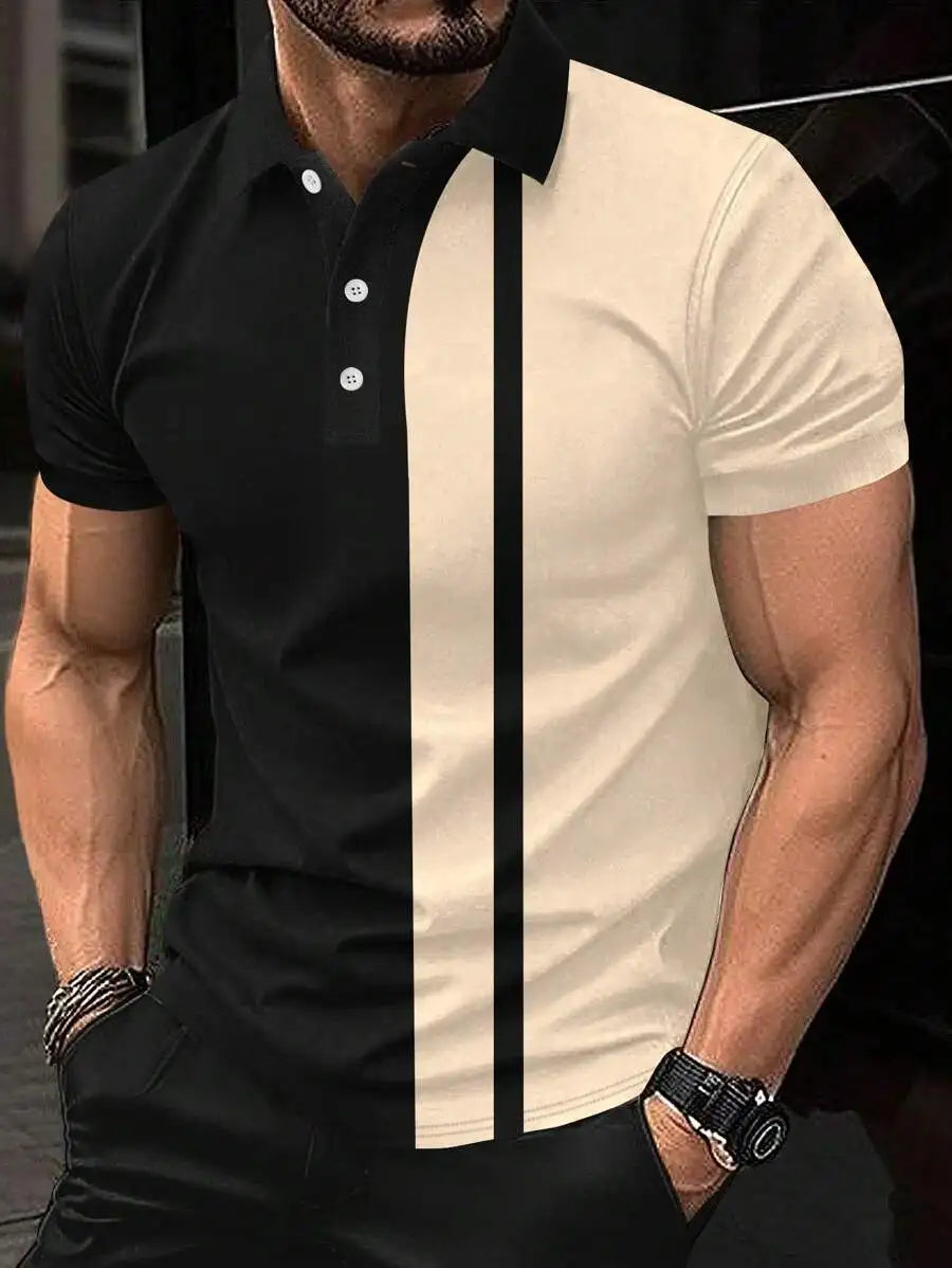 Men's Colorblock Contrast Stripe Polo Shirt - Black & Beige