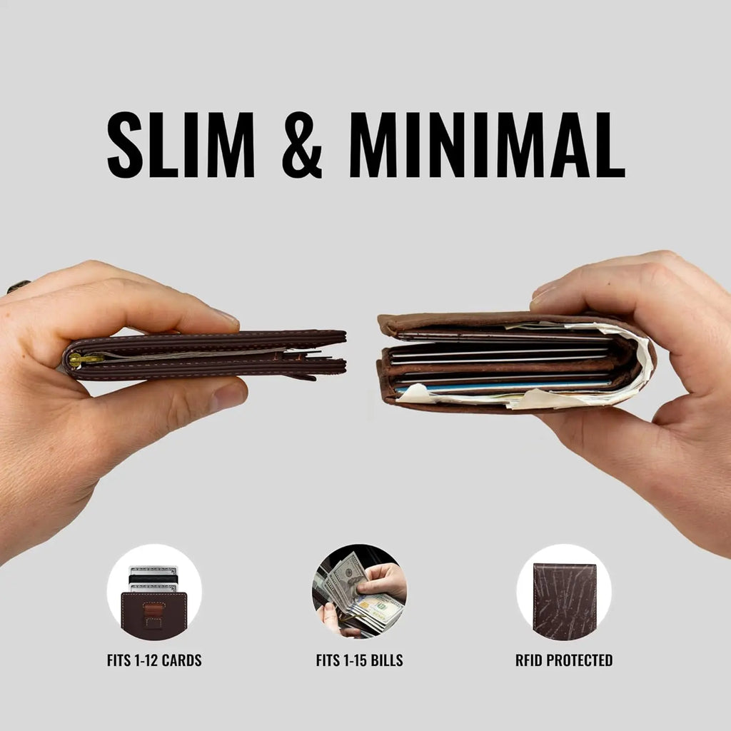 Slim RFID Blocking Leather Wallet for Men with Cash Pocket & Card Pull Strap, Holds 1-15 Cards