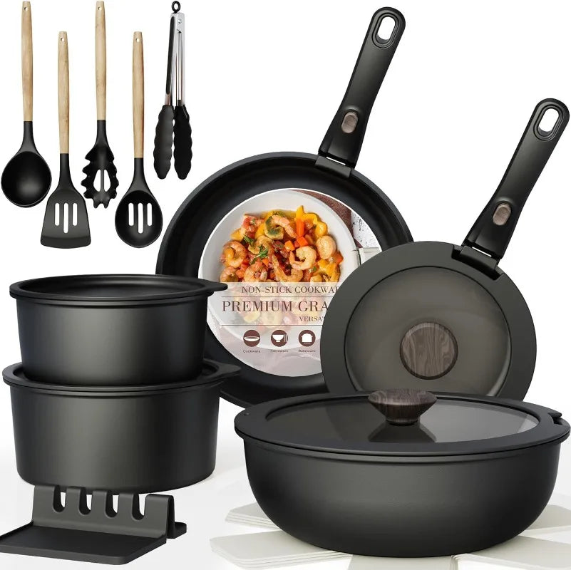 Non Stick RV Pots and Pans Ceramic Kitchen Cookware Set with Detachable/Removable Handle, Oven Safe, Induction Ready