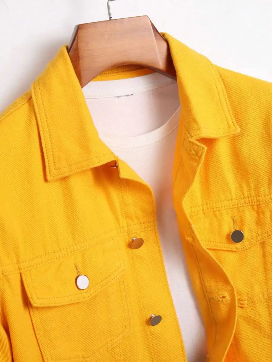 Men's Yellow Distressed Denim Jacket with Slogan Patches, Long Sleeve, Casual Fall Wear