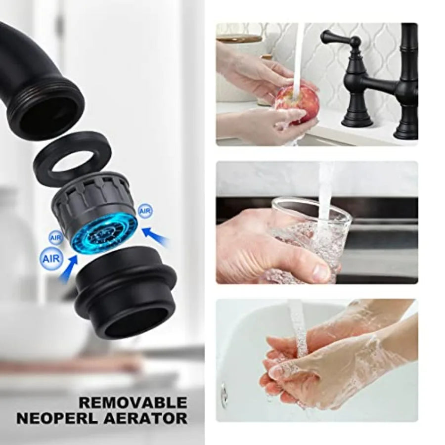 Black Kitchen Faucet with Side Sprayer 4 Hole Brass Kitchen Faucets for Sink 2 Handle 8 Inch Centerset Bridge Faucet Vintage Fa