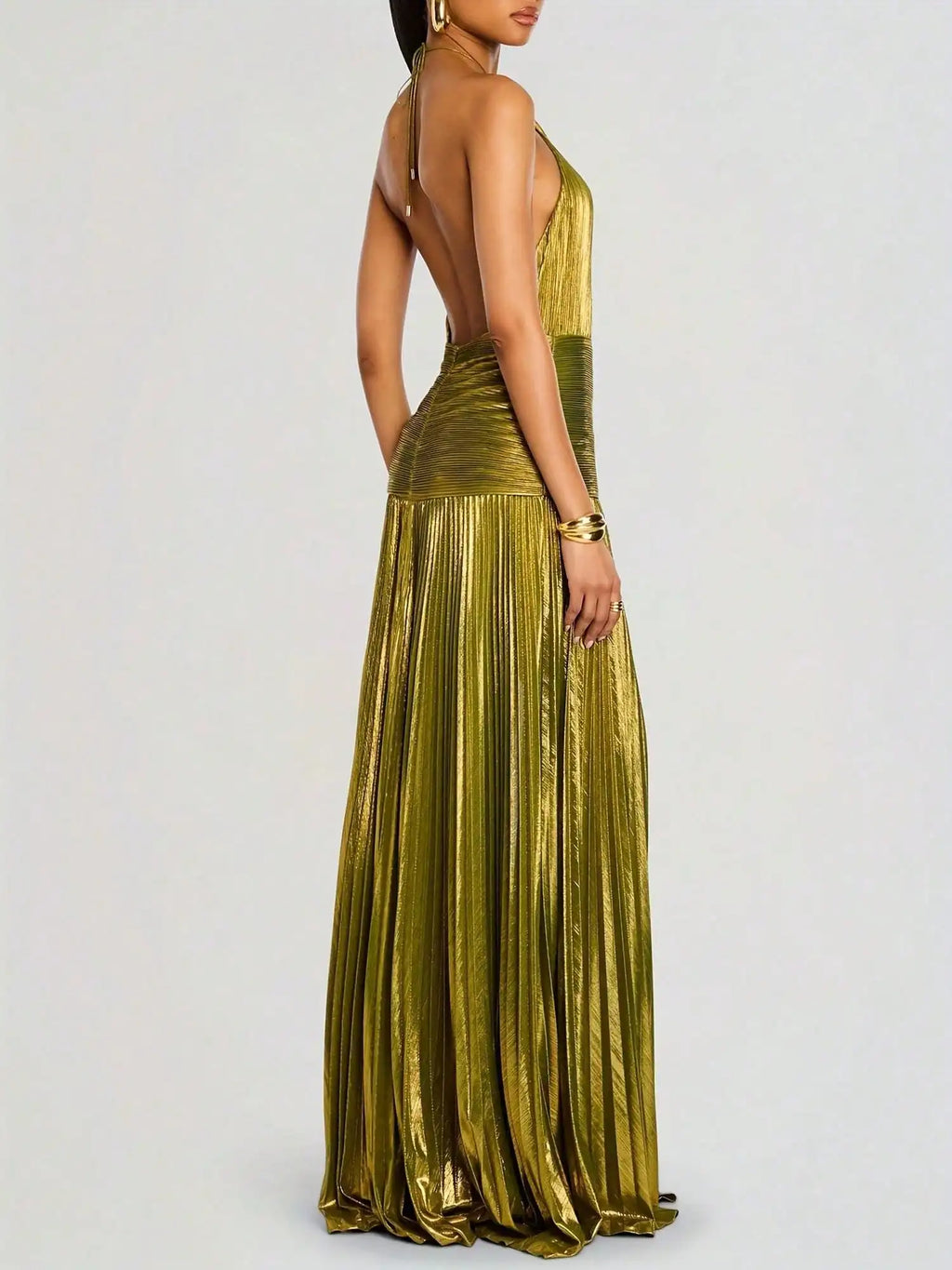 Metallic Olive Green Pleated Halter Maxi Dress with High Slit, Elegant Evening Gown