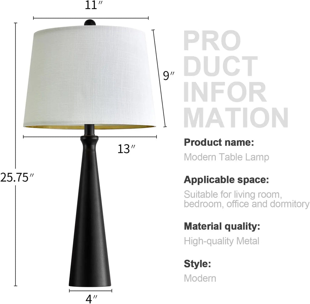 Set of 2 Modern Black Table Lamps with Dimmable Touch Control, USB Charging Port for Living Room Bedroom