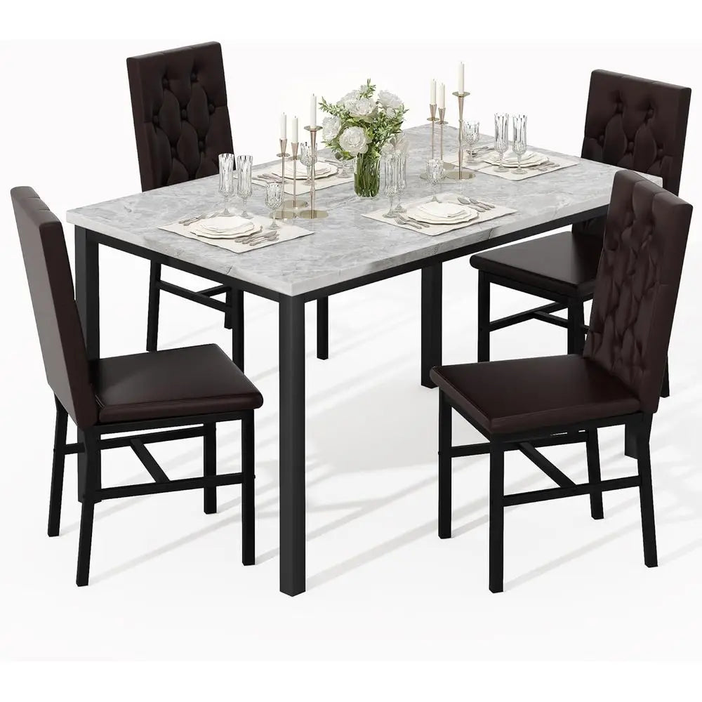 Luxurious Button-Tufted 4-Piece Marble Kitchen Table Set with Brown Dining Chairs