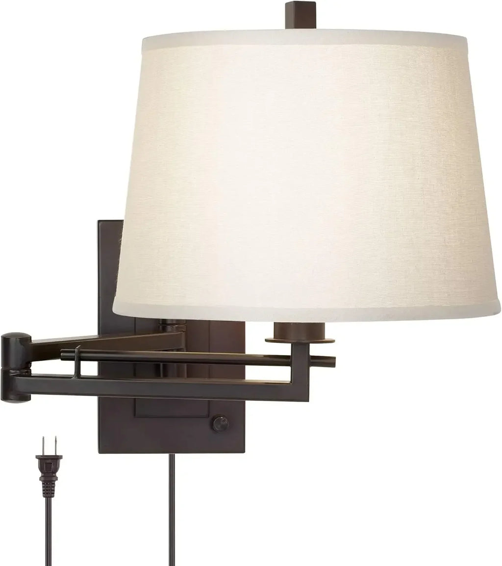 Easley Modern Swing Arm Adjustable Wall Lamp with Cord Matte Bronze Brown Plug-in Light Fixture Dimmable Fabric Drum Shade for B