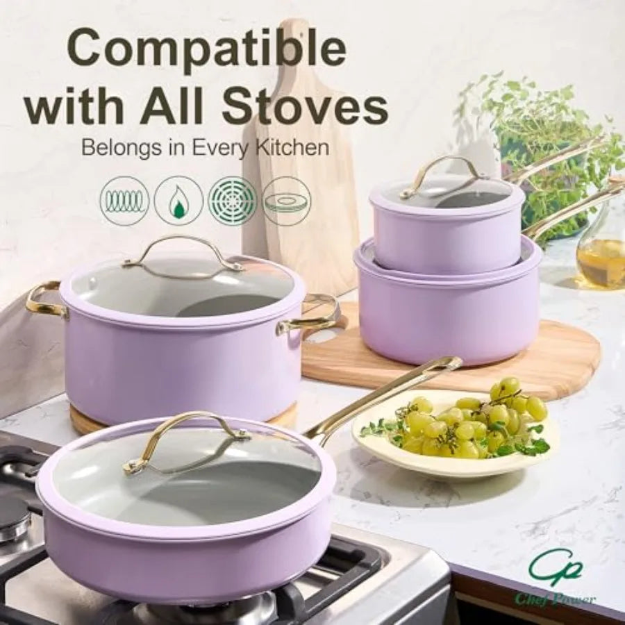 Ceramic Cookware Sets 15Pcs Pots and Pans Set Non Stick Cookware Set with Stainless Steel Handle Dishwasher Oven Safe Light Pur