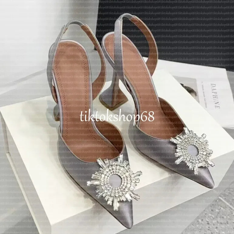 Amina muadii heels designer sandals womens wedding dress shoes satin pointed slingbacks bowtie pumps crystal sunflower flower hi