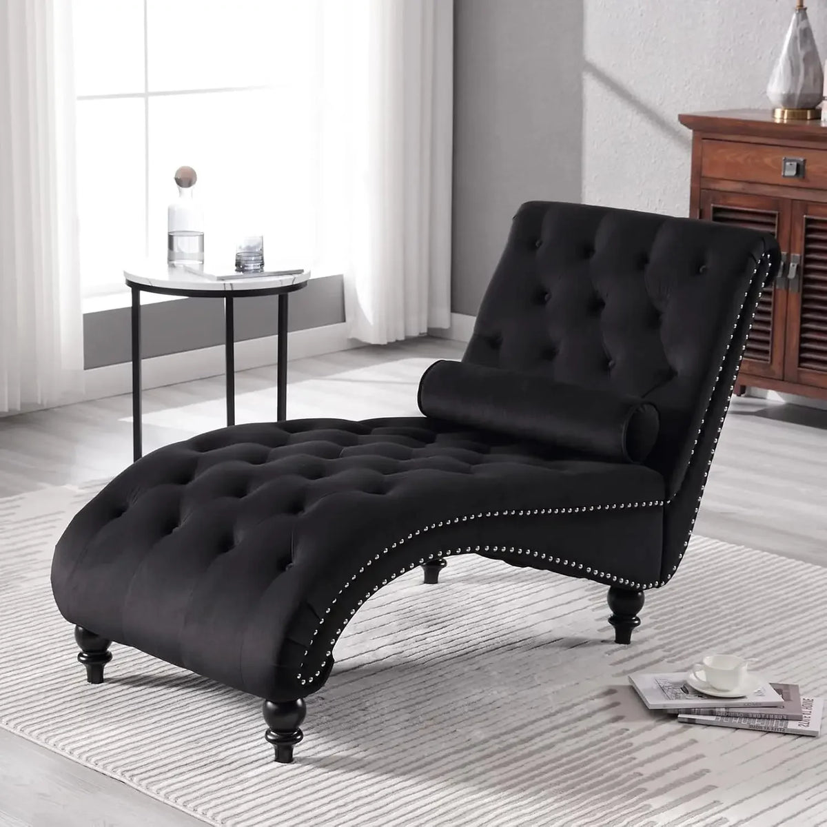 Velvet Button-Tufted Chaise Lounge Chair Indoor Comfortable Seating with Pillow Upholstered Customizable for Bedroom Living Room