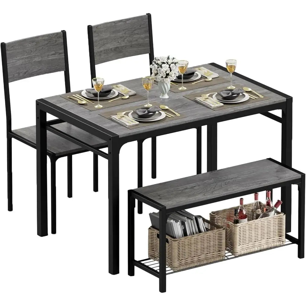 43.3 Grey Metal Dining Table Set with Bench and 2 Chairs for Small Spaces