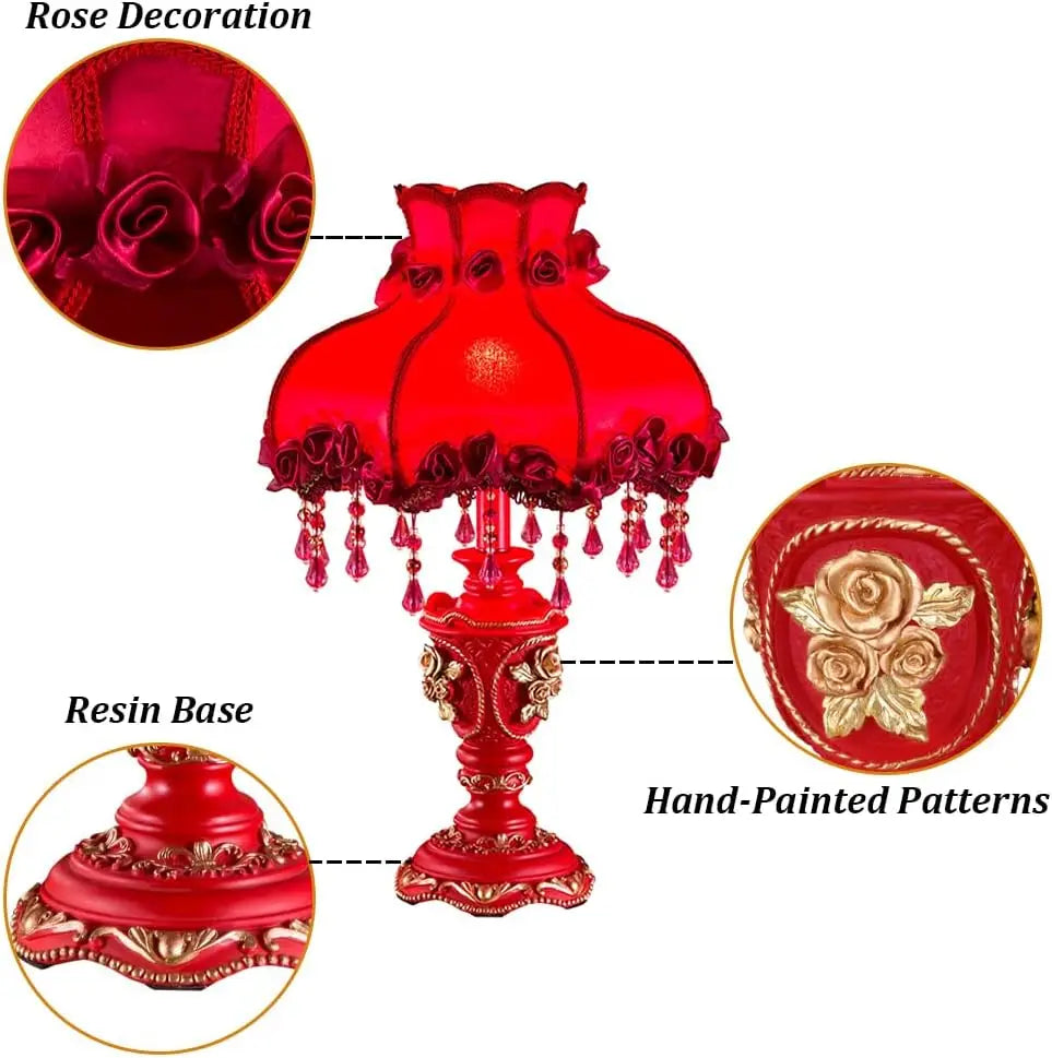 Elegant Antique Flower Table Lamp with Fabric Shade, Rose Decorative Night Light for Bedroom Nightstand