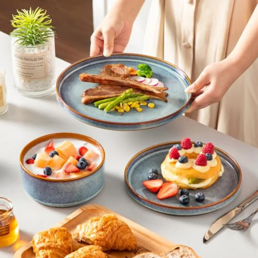 ONION Ceramic Plates and Bowls Sets 18 Pieces Blue Dinnerware for Kitchen Reactive Glaze Dishes Set for 6 Dishwasher and Microw