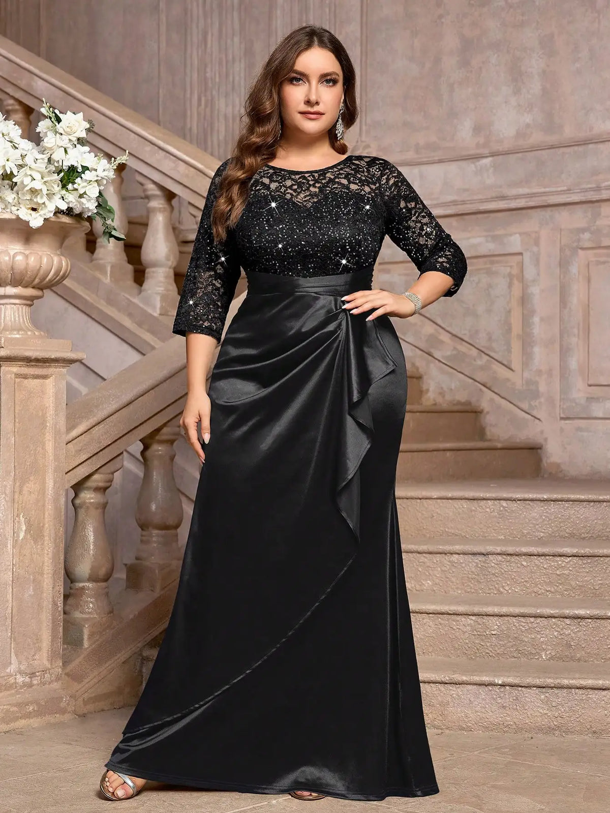 Sequin Floral Lace Ruffle Satin Maxi Dress For Evening Wedding Guest Gala