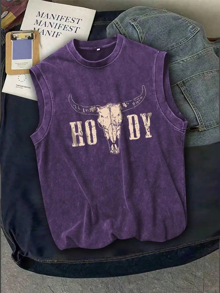Men's Washed Vintage Sleeveless Tank Top with Distressed Bull Skull Graphic