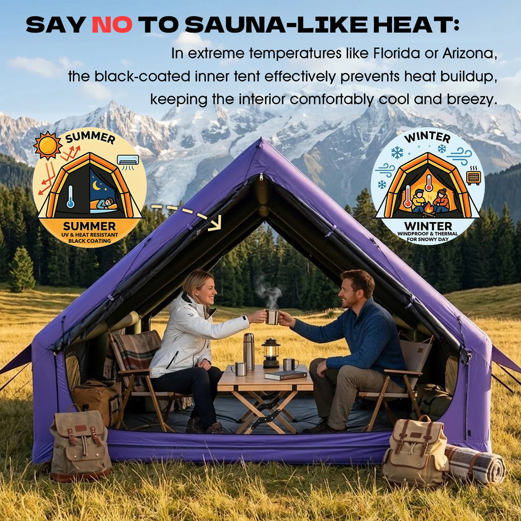 129 Sq Ft Large Inflatable Camping Tent Waterproof Oxford Air Tent House with Hand Pump 4 Season Sunproof Glamping Family Tent