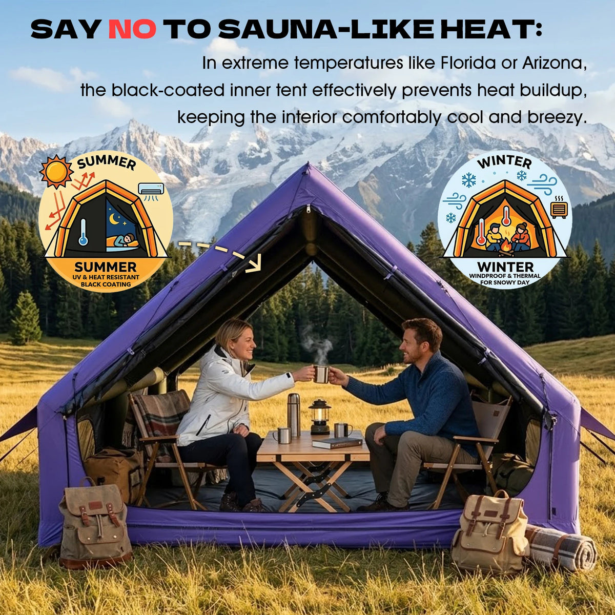 129 Sq Ft Large Inflatable Camping Tent Waterproof Oxford Air Tent House with Hand Pump 4 Season Sunproof Glamping Family Tent