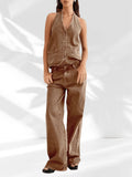 Women's Two Piece Denim Set Button Down Backless Tank Top And Wide Leg Jeans