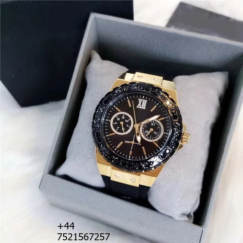 Luxury Quartz Watch Set Stainless Steel Case Silicone Strap Chronograph Diamond Dial Waterproof Couple Wristwatch Women