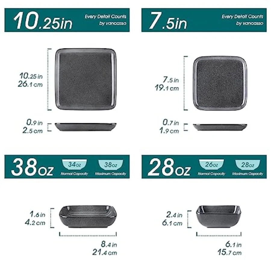 Stern Gray Dinnerware Set Square Reactive Glaze Tableware 16 Pieces Kitchen Dinnerware Stoneware Crockery Set with Dinner Plate