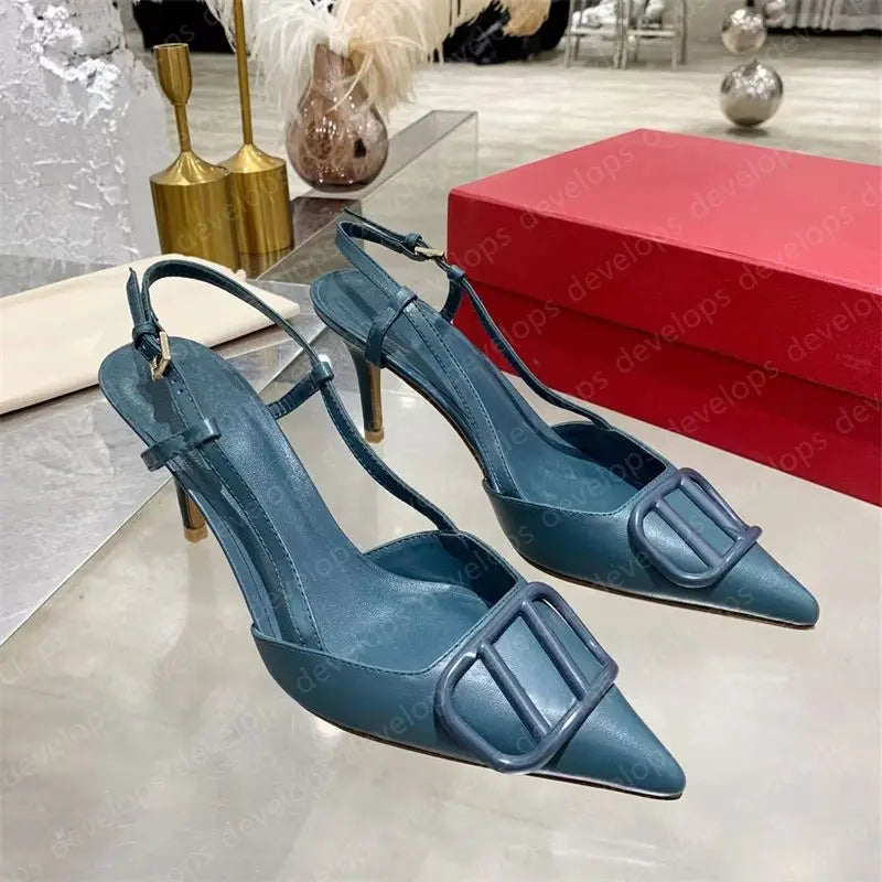 High heels designer sandals classics metal buckle pointed toe thin heel summer valentinolies luxurys brand genuine leather woman