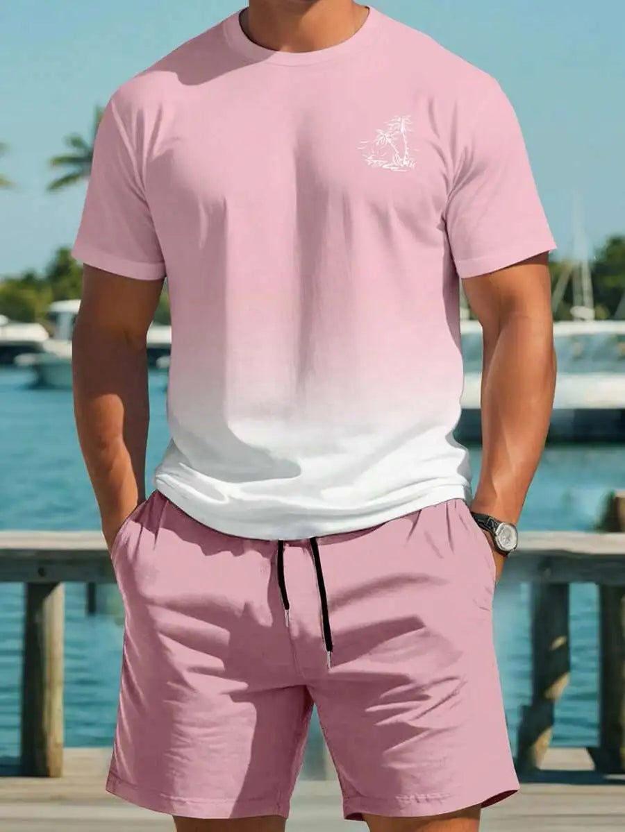 Men's Gradient Ombre T-Shirt and Shorts Set, Casual Loose Fit Beachwear