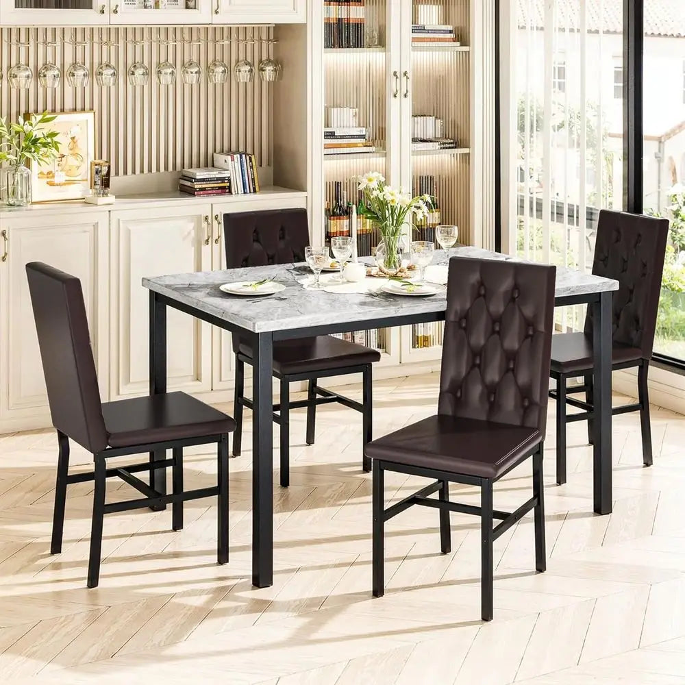 Luxurious Button-Tufted 4-Piece Marble Kitchen Table Set with Brown Dining Chairs