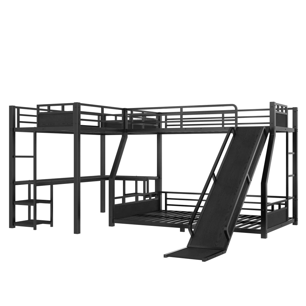 L-Shaped Metal Bunk Bed (Top bed: twin, bottom bed: full ) with Single Loft Bed, Desk, Metal Triple Bunk Bed with Slide,Black