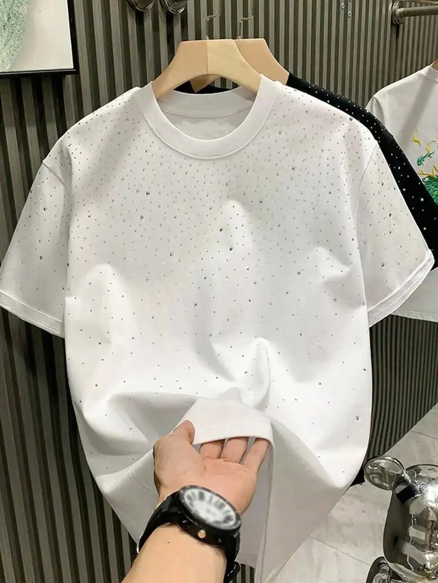 Men's Black Short Sleeve T-Shirt with Sparkling Rhinestone Dot Pattern, Casual Loose Fit