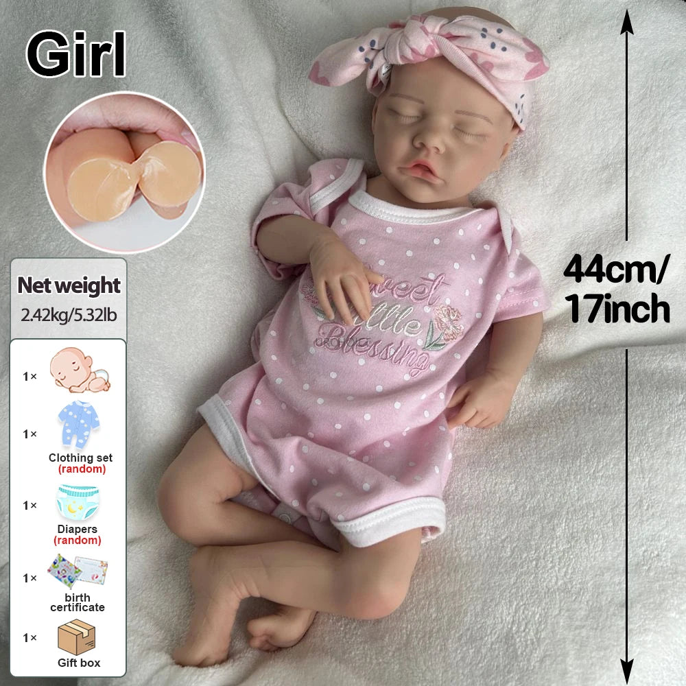 17Inch 3D Skin Realistic Silicone Reborn Baby Girl Pretty Weighted Waterproof Newborn Doll for Parenting Practice Birthday Gift