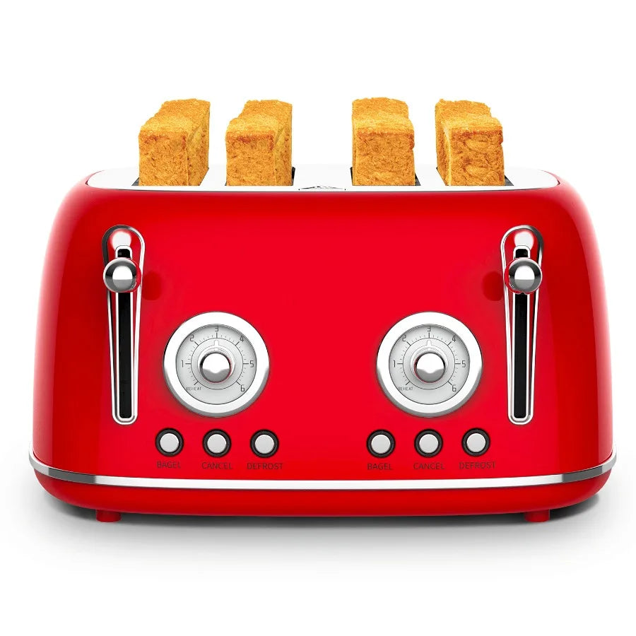 4-piece vintage-style red toaster with dual-control oven 4×1.5-inch slots anti-clogging design 6-batch temperature adjustment d