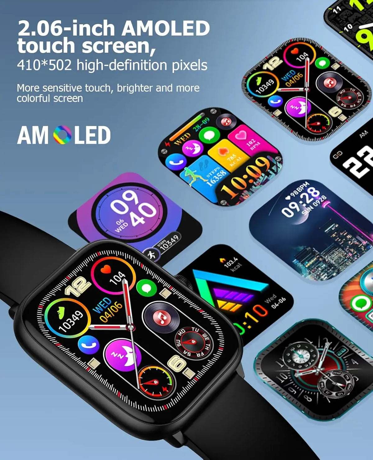 Smart Watch for Men Women, Bluetooth Call, 2.06" HD AMOLED Fitness Tracker, 118 Sports Modes, Health Monitor, IP68 Waterproof