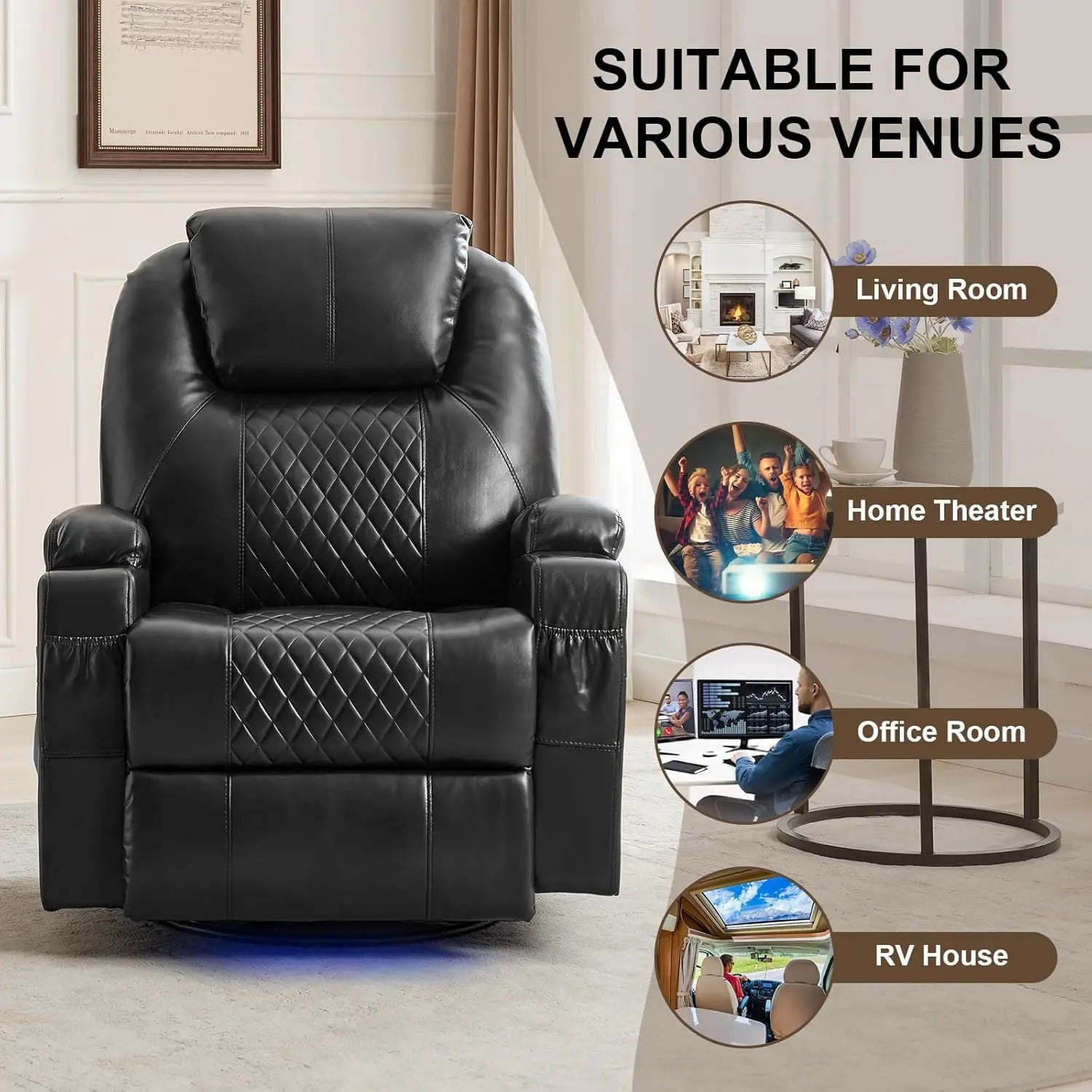 Power Swivel Rocker Recliner Chair with Heat and Massage, LED Lights, USB-A and USB-C Ports, Electric Glider, Customized
