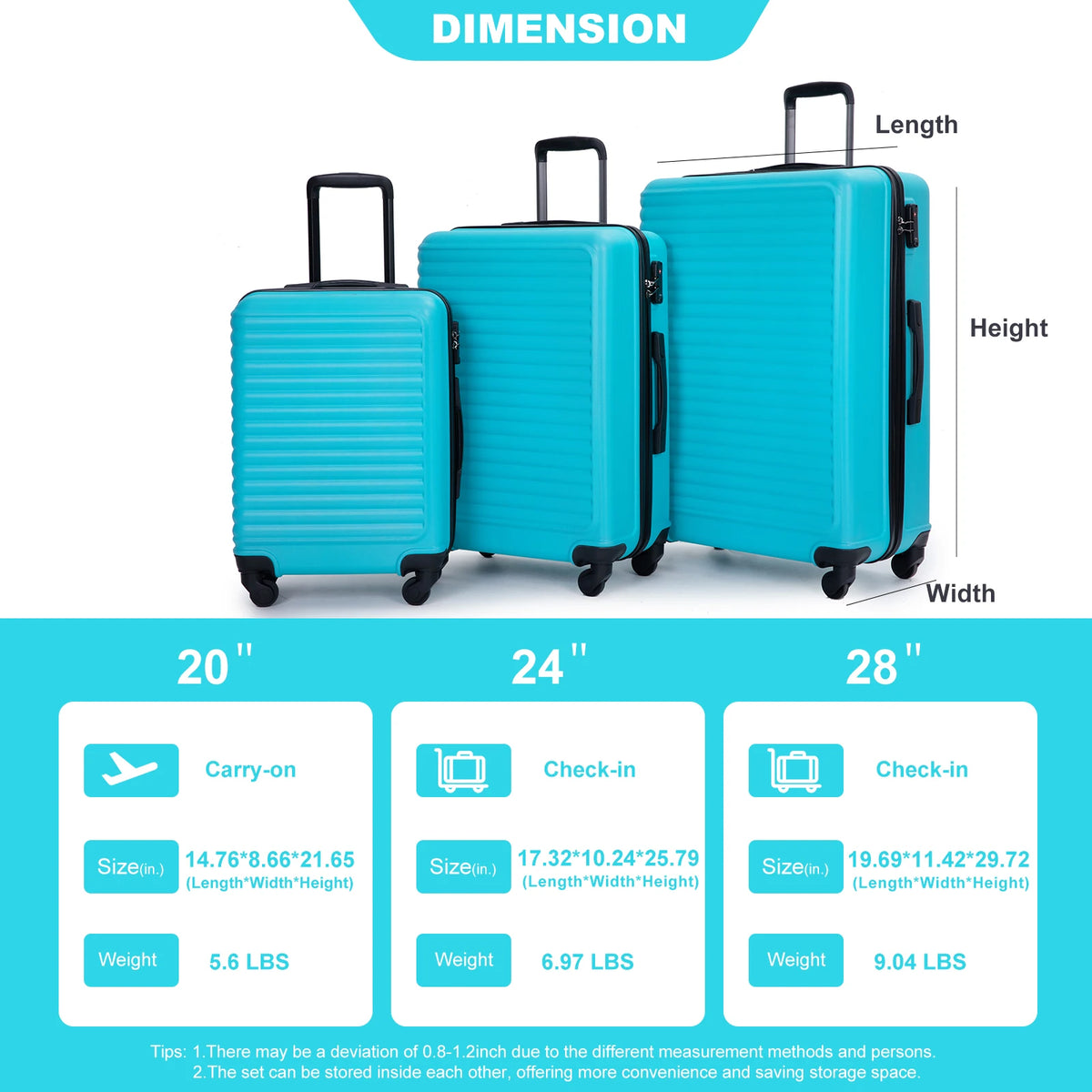 3 Piece Luggage Sets ABS Lightweight Suitcase with Two Hooks, Spinner Wheels, TSA Lock, (20/24/28) Turquoise  luggage travel bag