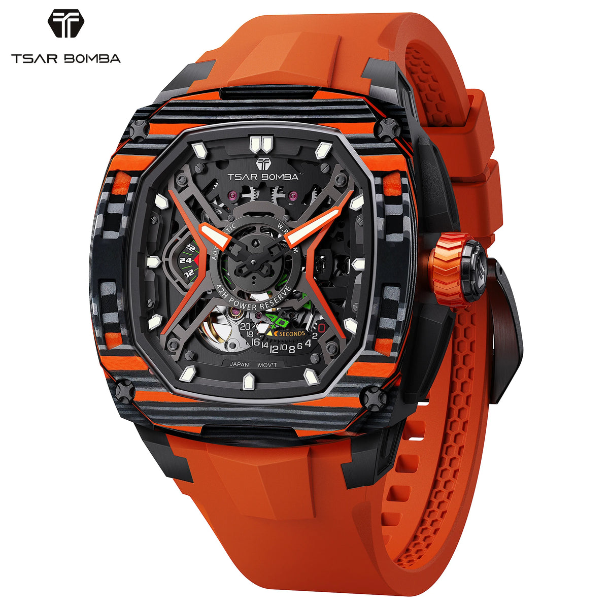 TSAR BOMBA Men's Luxury Mechanical Watch, Carbon Fiber Case, Luminous, 5ATM Waterproof, Viton Strap, Ideal Gift for Men
