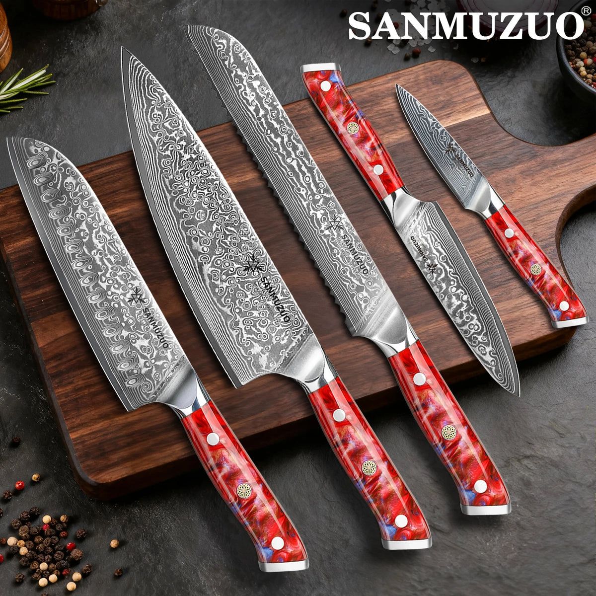 5PCS Kitchen Knife Set - Sharp Damascus Steel Knives with Resin Handle, Chef/Santoku/Bread/Paring/Utility Knife for Home Kitchen